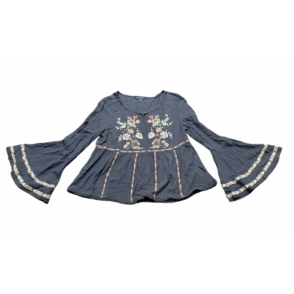 American Eagle Boho Blouse Womens S Dk Gray Floral Embroidered Bell Sleeve Top